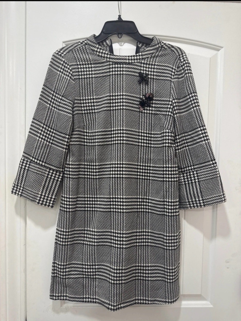 Black & White Plaid Hounstooth Shift Dress with Embellishment